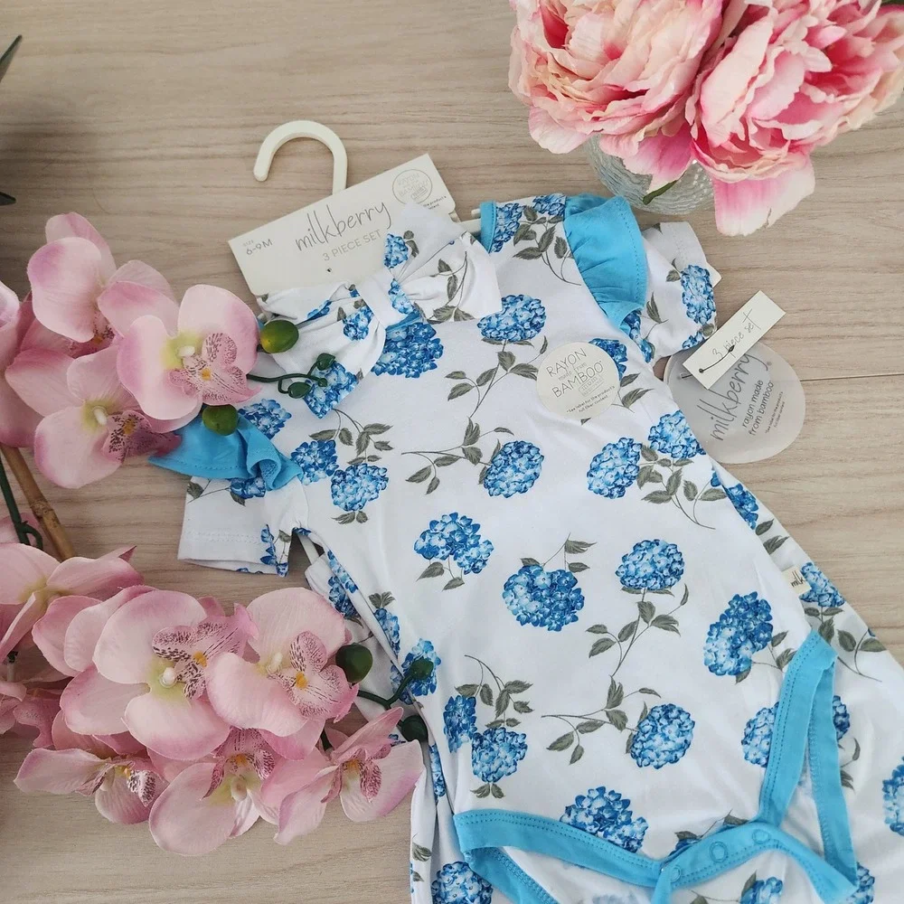 Milkberry Baby Girls 6-9M Blue Hydrangea Bamboo 3 Piece Bodysuit Legging Set NWT
